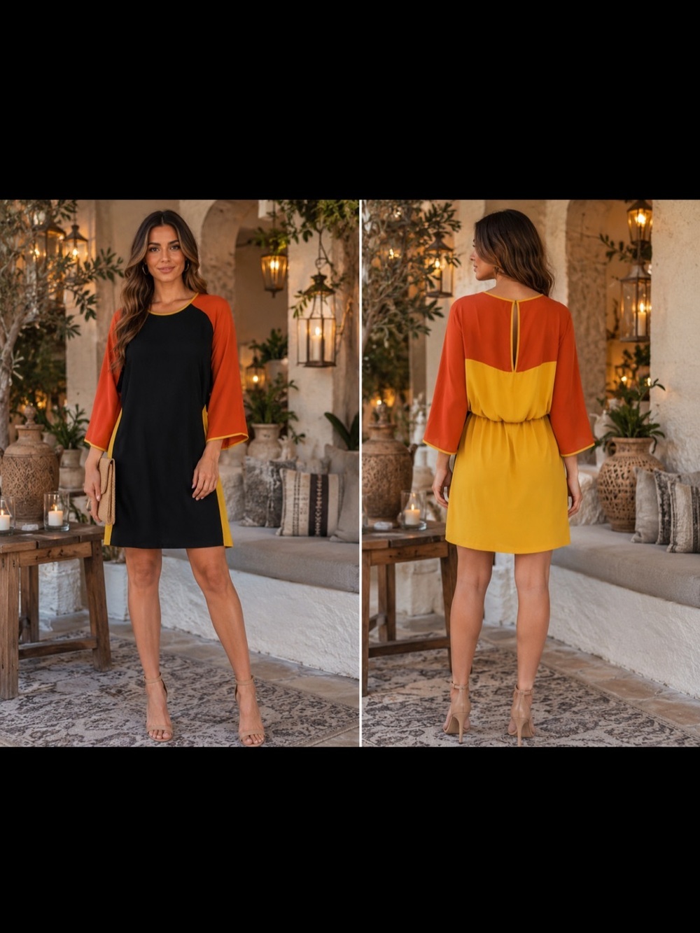 BCBGMaxAzria Black Mini Dress with Rust Sleeves and Mustard Back
